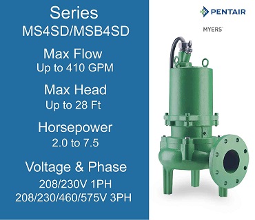 Myers Sewage Pumps, MS4SD/MSB4SD Series, 2.0 to 7.5 Horsepower, 208/230 Volts 1 Phase, 208/230/460/575 Volts 3 Phase
